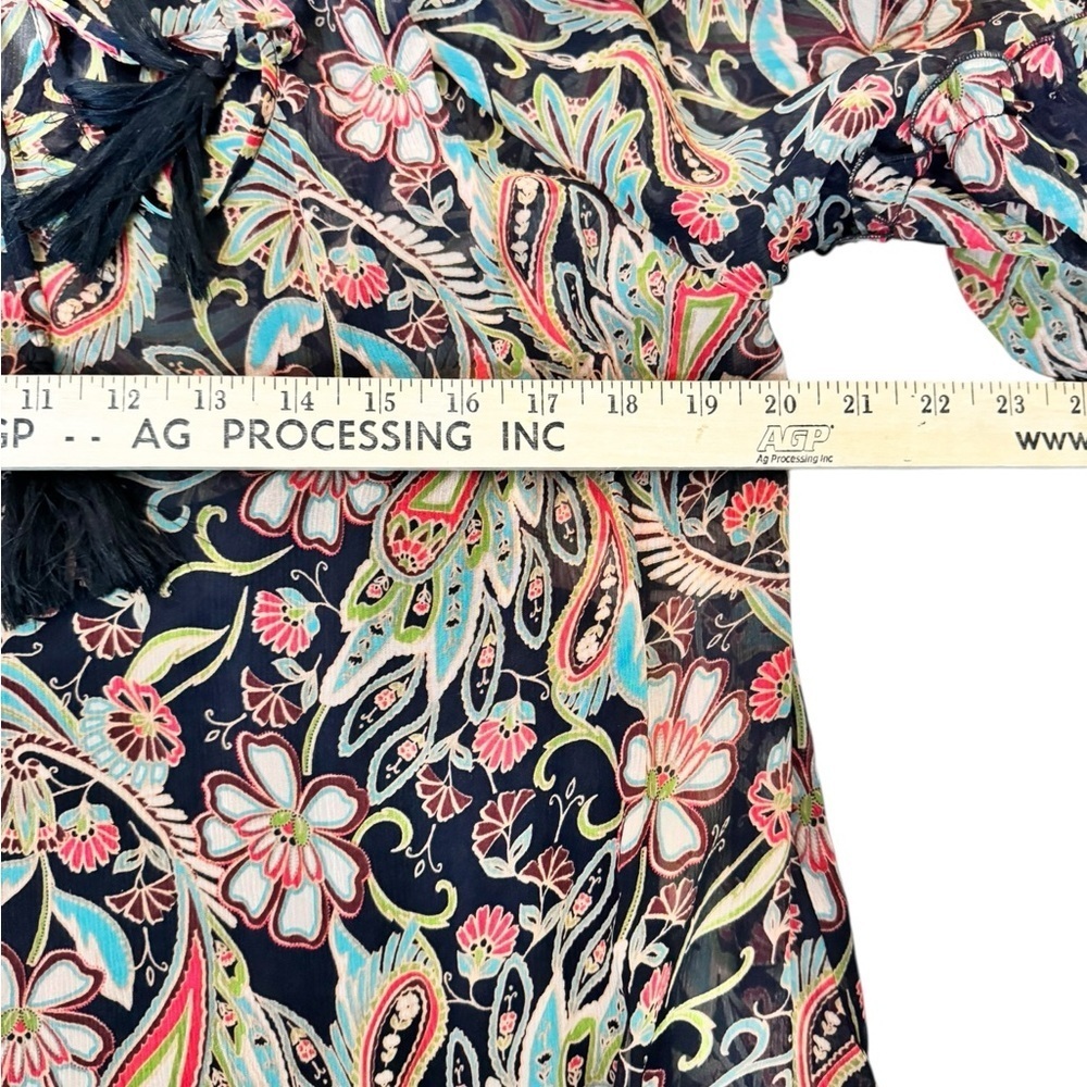 Sundance 100% Silk Blouse L Artisan Floral Tassel Top Luxe Boho Capsule Wardrobe - Picture 5 of 9